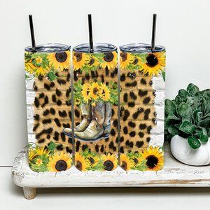 Sunflower Cowgirl Boots Leopard 20oz Tumbler With Metal Straw